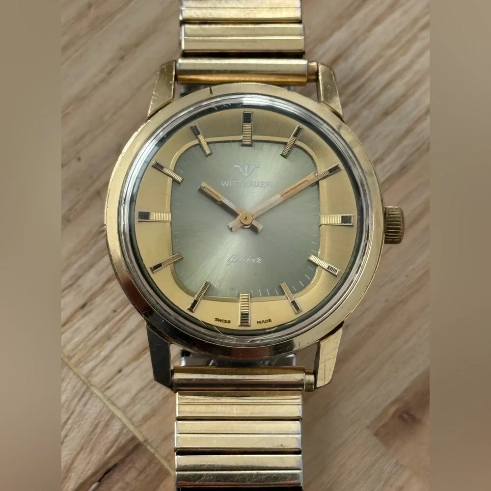 Wittnauer Geneve Ultra Rare Automatic Vintage Watch Gold Case Unique Dial Works